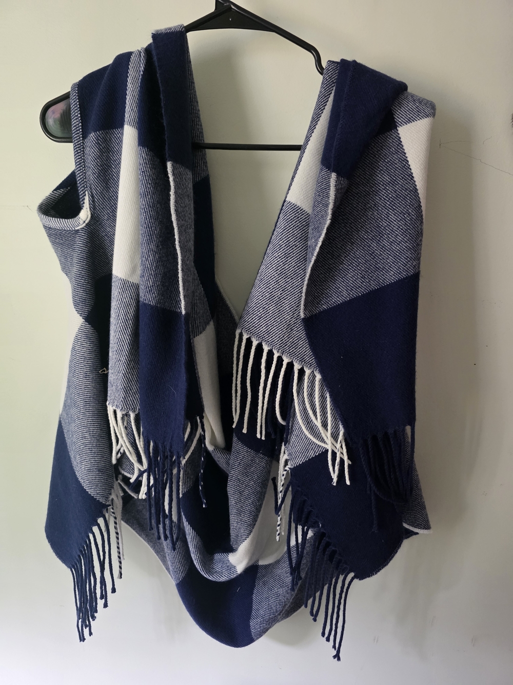 J.Crew Plaid Cape Scarf Poncho Wrap with Armholes Blue and White Buffalo Plaid